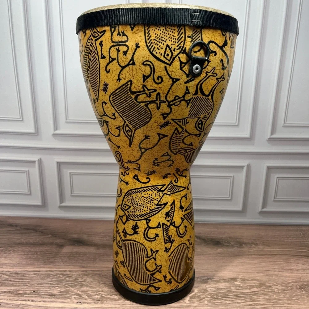 Remo Djembe Hand Drum Yellow Black Petroglyph Fish Bird Print 14